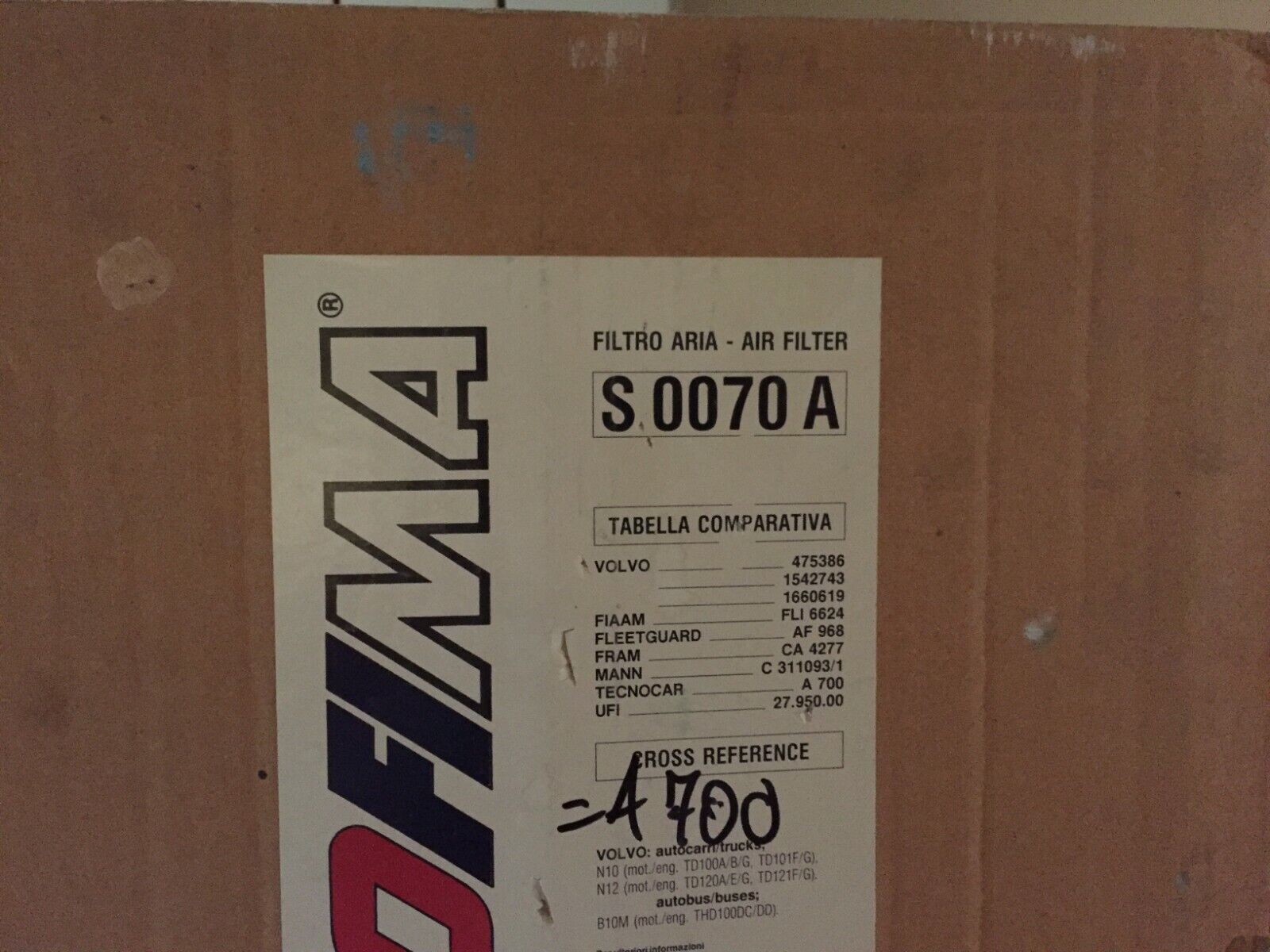 SOFIMA S 0070 A FILTRO ARIA VOLVO B 9 SERIE B9M (THD101GB/GC/GD) 1992