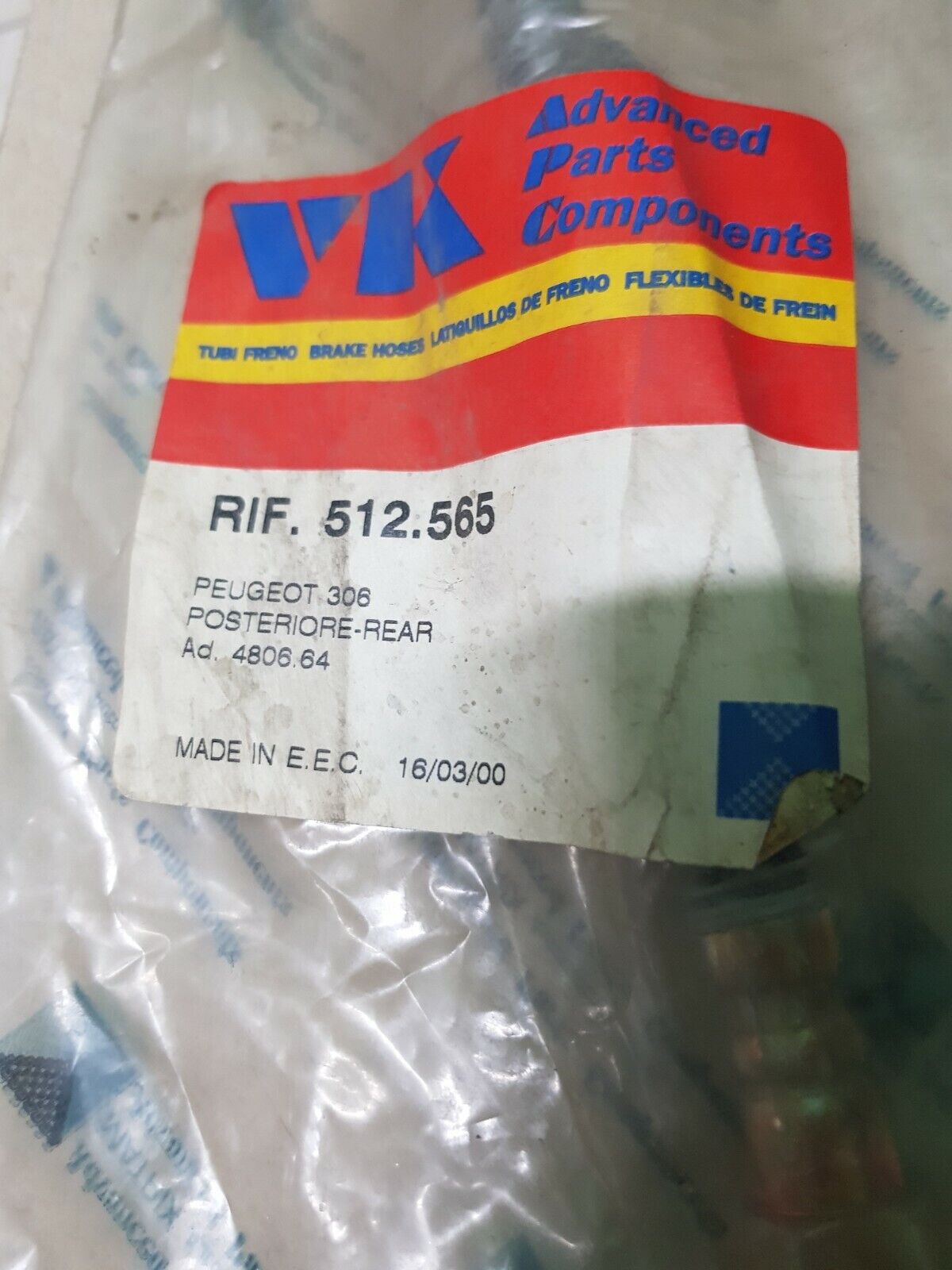 TUBO FRENO POSTERIORE VK 512.565 PEUGEOT 306 2001 BENZINA DIESEL