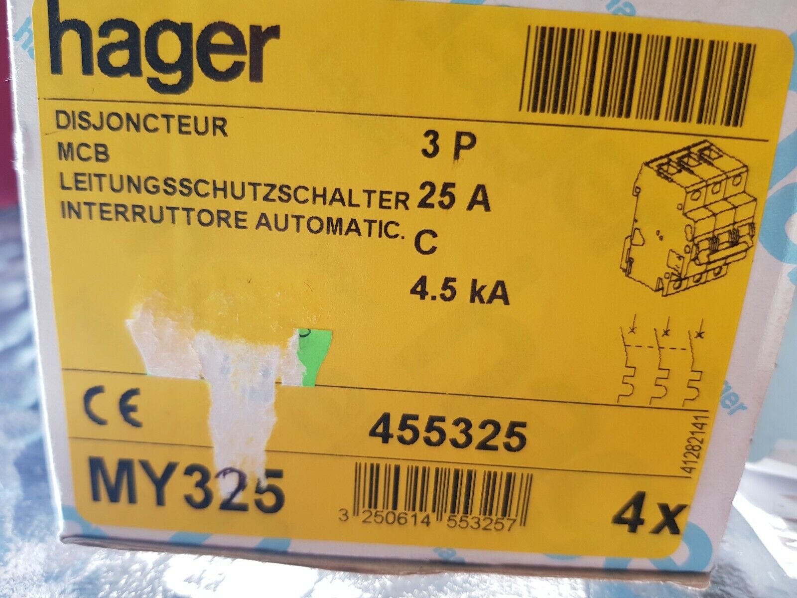 INTERRUTTORE AUTOMATICO HAGER CODICE MY325 3P 25A 4,5KA 1 PZ