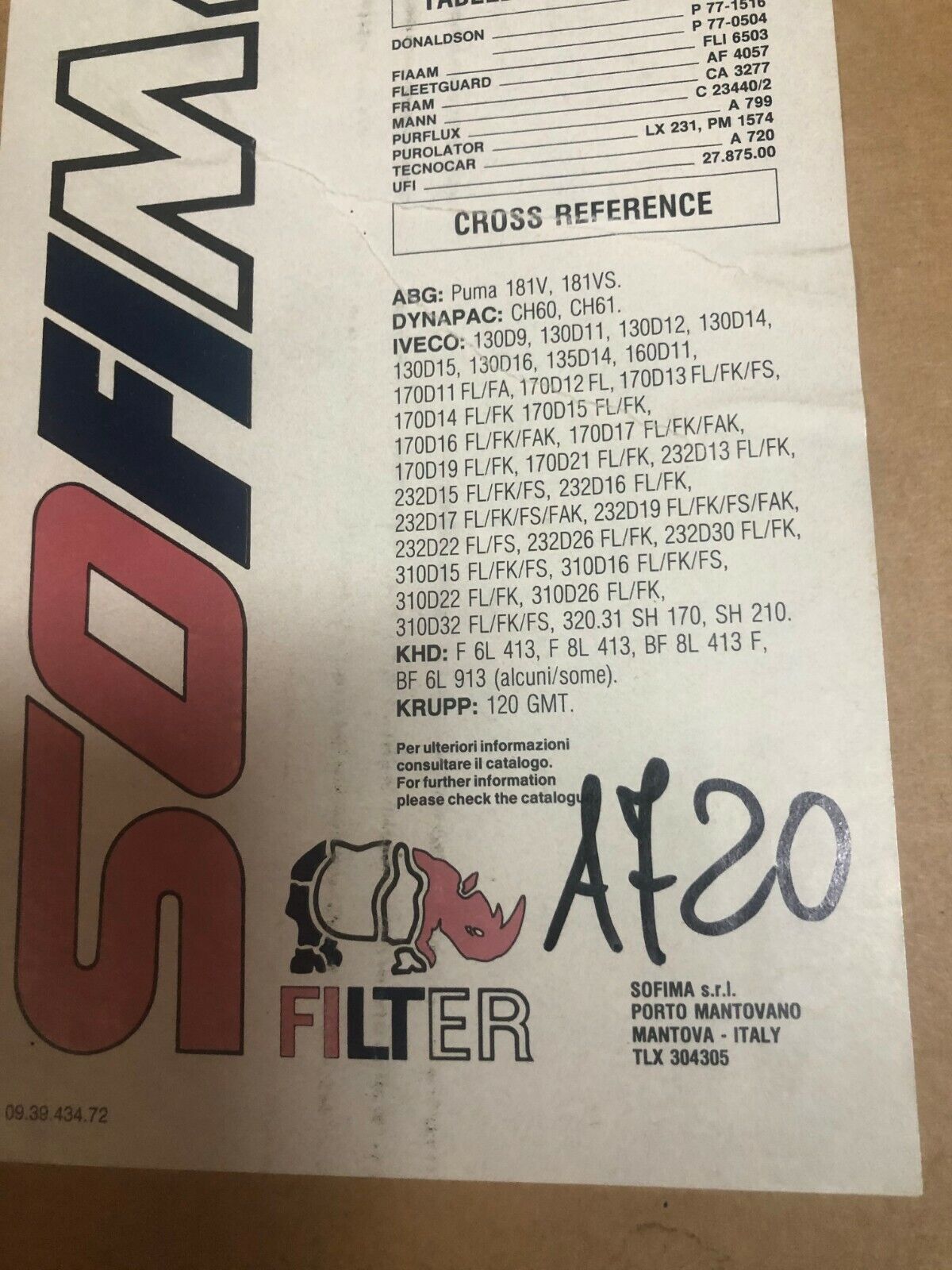 SOFIMA S0270A FILTRO ARIA IVECO 170 SERIE 170D21FL KHD