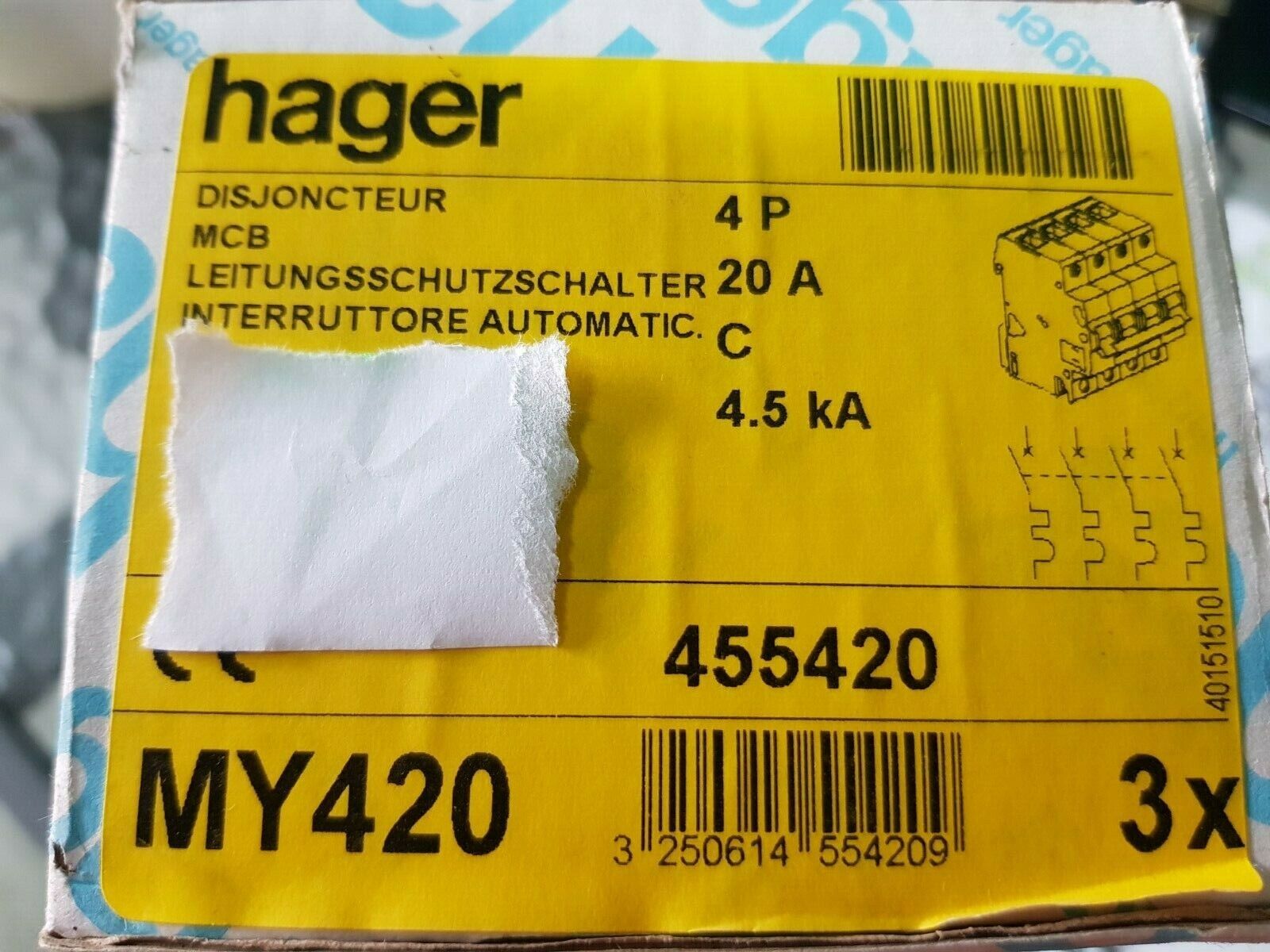 INTERRUTTORE AUTOMATICO HAGER CODICE MY420 4P 20A 4,5KA 1 PZ